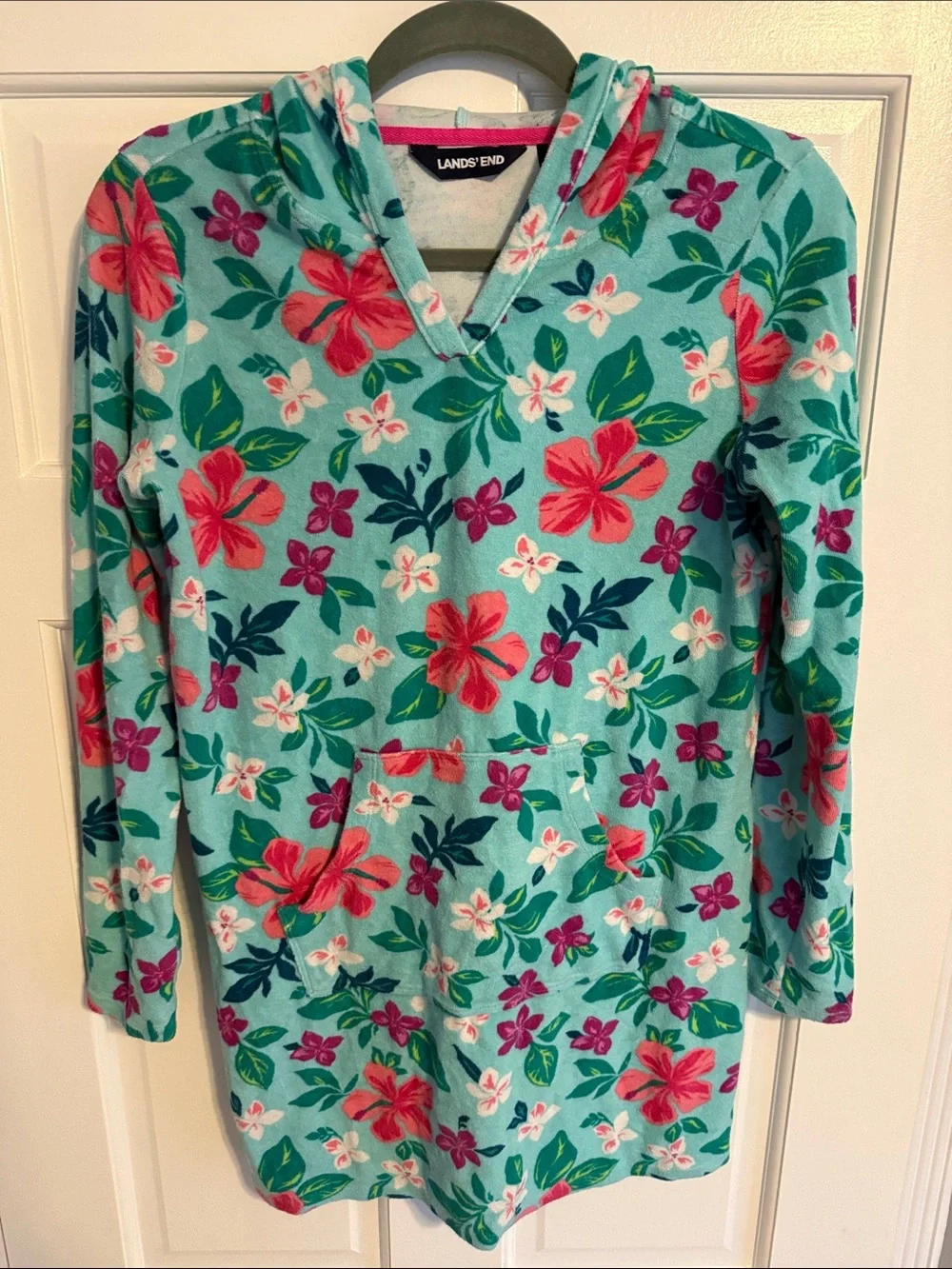 Lands' End Terry Teal Floral Hooded Girls' Swim Coverup